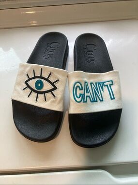 Circus Sam Edelman Flynn Black white Slide Sandals with Eye & "CAN'T" Straps 10